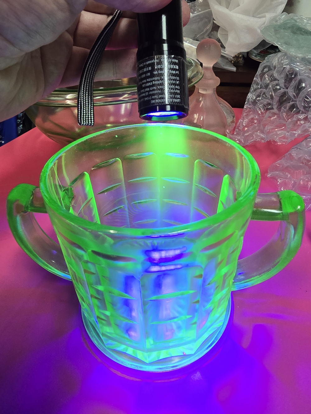 Vaseline Glow Uranium Glass Two-Handled Sugar Bowl 6"